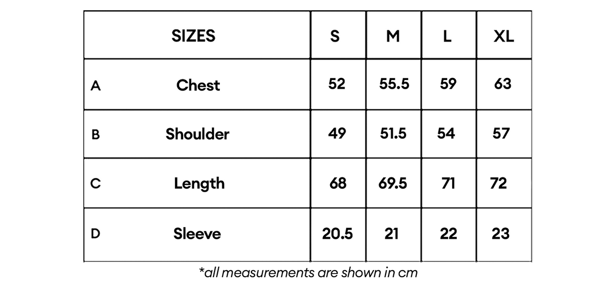STAR TEE size chart